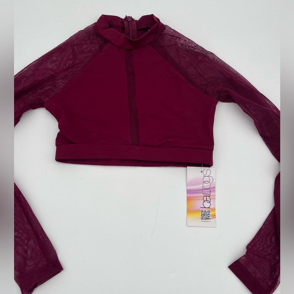 Burgundy Sheer Lace Sleeve Fitted Dance Leo Crop Top Girls size Small New W/Tags